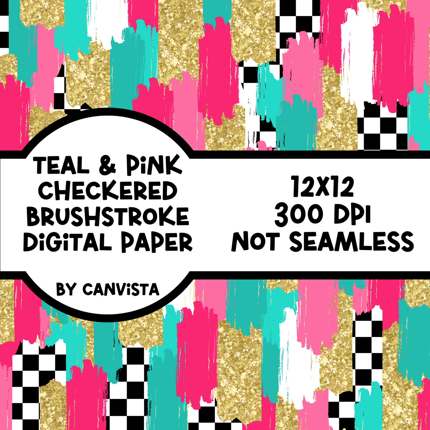 Teal & Pink Checkered Brush Stroke Digital Paper